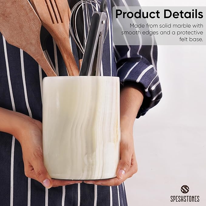 Marble Utensil Holder 6.5 Inch White Onyx Stone Cooking Utensil Crock for Countertop Storage, Modern Utensils Caddy, Spoon & Spatula Organizer for Farmhouse Kitchen Decor