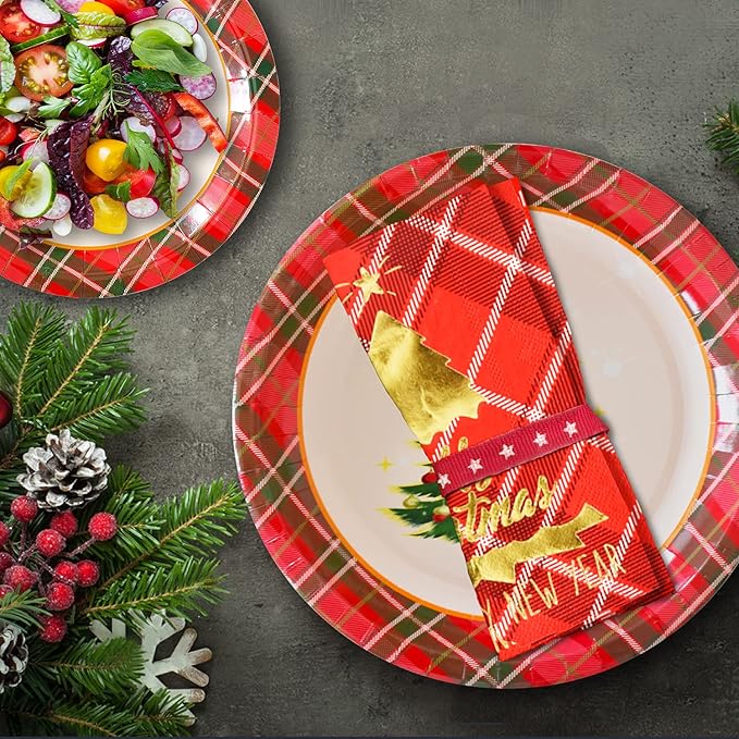 Gatherfun Christmas Party Supplies Christmas Tree Red Plaid Disposable Paper Dinner Plates Dessert Plates and Napkins for Party decorations, Serve 50