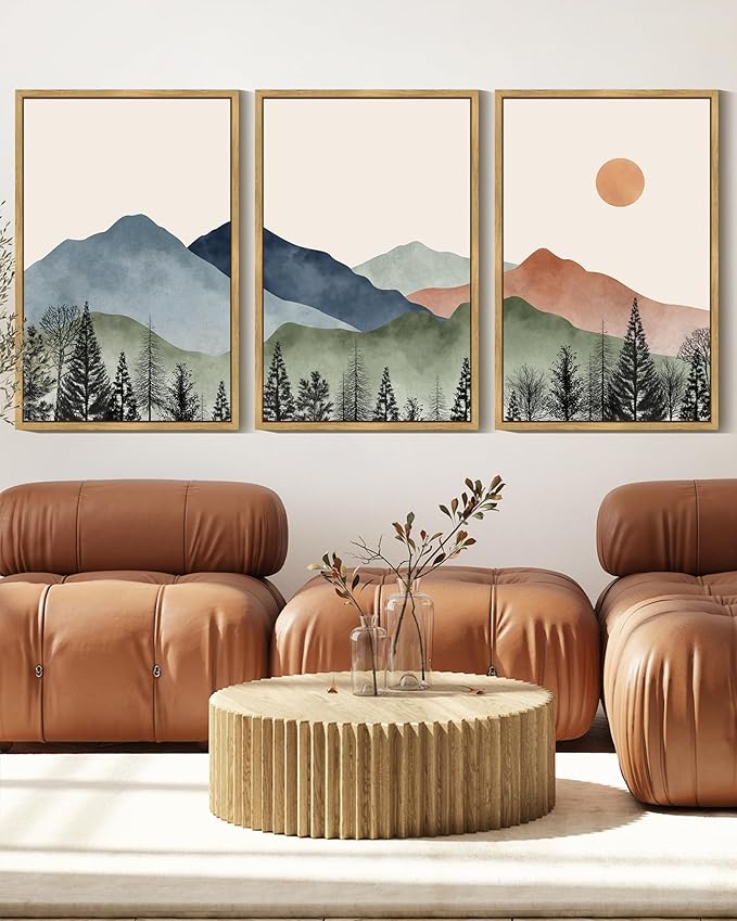 KUVIOKE Mountain Landscape Framed Wall Decor Boho Sun Rise Watercolor Nature Art Prints Farmhouse Rustic Bedroom Dining Living Room Decor 16x24in (Natural Framed)