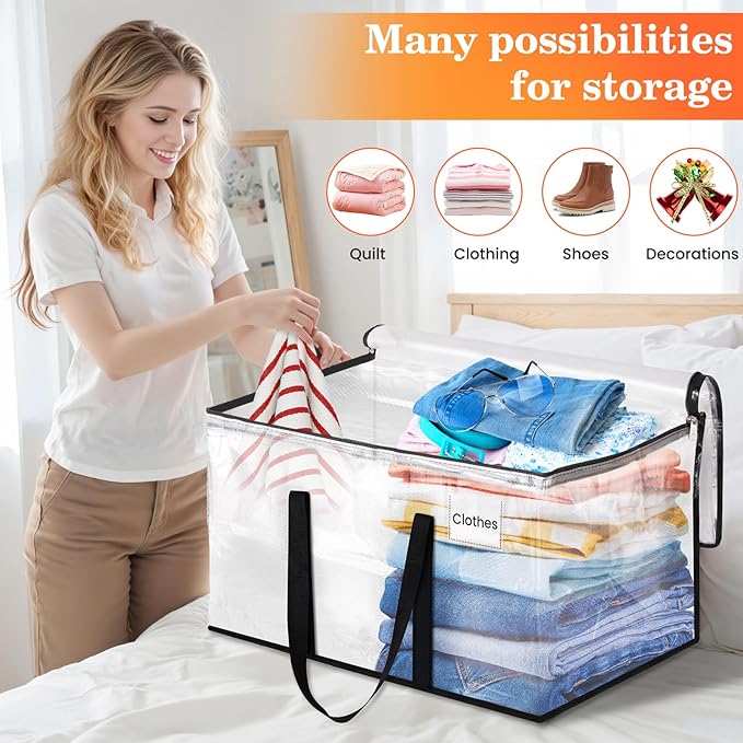 Extra Large Heavy Duty Moving Bags, Storage Bags with Strong Zippers & Handles, Packing Bags for Moving Essentials, Ideal Storage Tote for Home, Dorm & Storage Solutions, 125L 4 Packs Clear