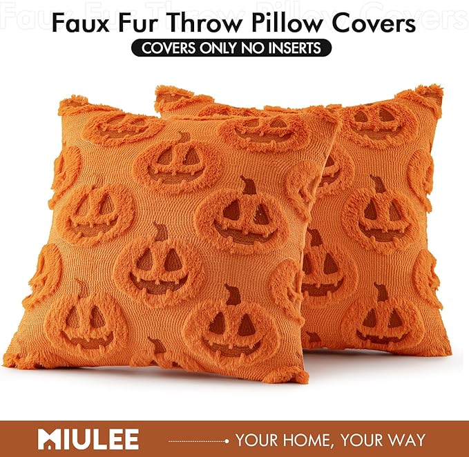 MIULEE Fall Halloween Throw Pillow Covers 20x20 Decorative Pumpkin Pattern Pillowcases Soft Plush Faux Wool Cushions for Home Patio Sofa Couch,Orange