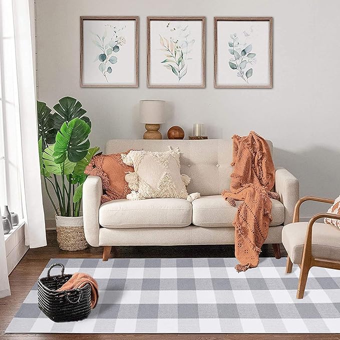 KOZYFLY Buffalo Plaid Rug 2x6 Ft Grey and White Runners for Hallways Washable Checkered Rug Cotton Kitchen Runner Carpet Runner Rugs for Entryway Bedroom Living Room