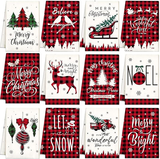 12 Pcs Christmas Kitchen Towels and Dishcloths Absorbent Christmas Tree Reindeer Truck Hand Dish Towels Decoration for Xmas Home Gift Supplies, 14.2 x 21.3 Inch(Buffalo Plaid)