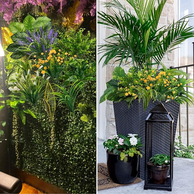 GTIDEA 19 Bundles Outdoor Faux Plants, Artificial Plants & Flowers UV Resistant Fake Plastic Leaves Greenery Stems for Outside Window Box Hanging Baskets Garden Patio Front Porch Decor