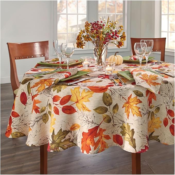 Elrene Home Fashions Autumn Leaves Fall Printed Wrinkle Resistant Tablecloth, Holiday Table Cover for Formal or Everyday Use, 70" Round