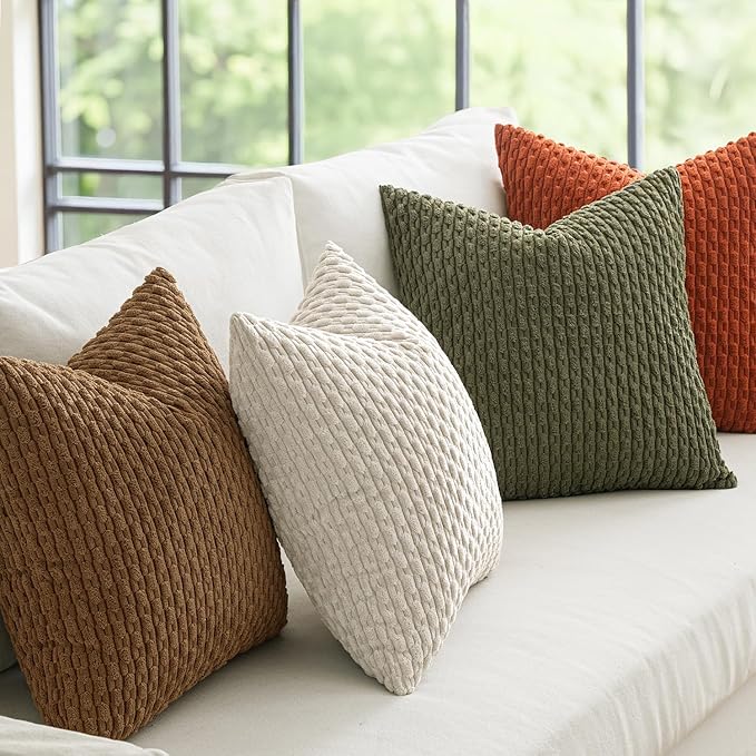 MIULEE Fall Throw Pillow Covers Soft Couch Decorative Set of 4 Boho Striped Cushion Covers Corduroy Pillowcases Farmhouse Home Decor for Couch Bed Sofa Living Room 18x18 Inch Camel Green