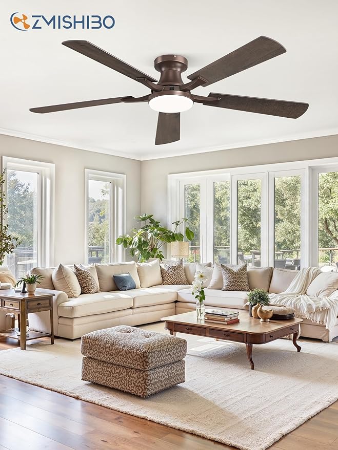 ZMISHIBO 52 Inch Ceiling Fan with Light, App&Remote Control, Flush Mount Low Profile, Dimmable 20W LED Light, Quiet Reversible Motor for Bedroom, Living Room, Apartment, Brown