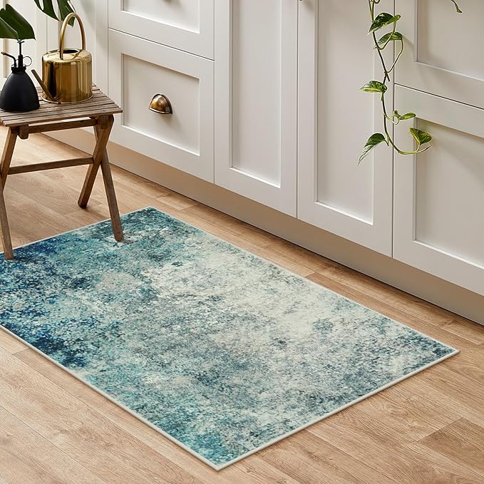 Lahome Modern Abstract Area Rug - Small 2x3 Washable Entryway Rugs Non-Slip Low Pile, Accent Throw Carpet for Kitchen Bath Mats Laundry Front Indoor Doormat,Blue/Grey
