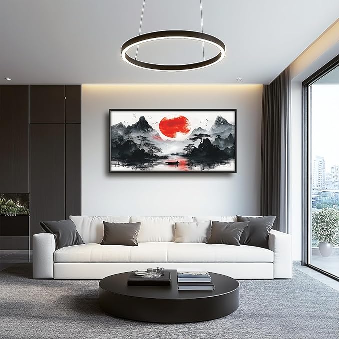 Framed Large Japanese Mountain Wall Art for Living Room, Oversized Asian Red Sun Lake Landscape Wall Decor Nature Canvas Painting Home Decoration for Living Room Bedroom Office 60"x30"