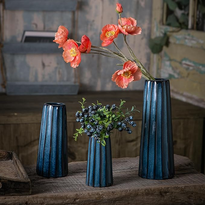 Blue Ceramic Vases - 3 Small Ribbed Vase for Flowers, Modern Minimalist Home Decor, Decorative Pottery Glazed Vase for Bookshelf, Fireplaces and Entryway Decor, Centerpieces for Dining Table