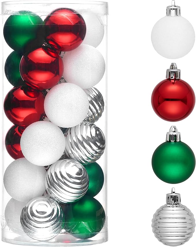 Valery Madelyn 1.57 Inches Small Christmas Tree Decorations Ornament Set for 4th of July Fall Halloween, 24ct Red Green and White Shatterproof Hanging Ball Ornaments Holiday Party Decor