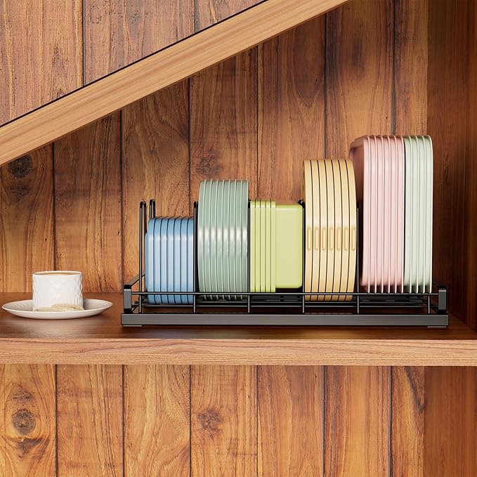 Food Container Lid Organizer, Adjustable 6 Dividers Full-Metal Pot and Pan Organizer Rack for Kitchen Cabinets, Drawers, Cupboards, Pantry Shelves Storage, Black