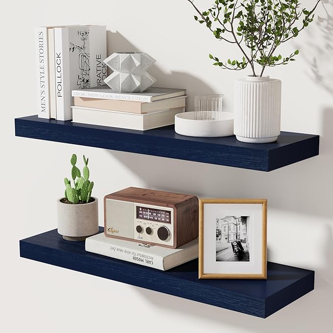 Dark Blue Floating Shelves 24 Inch, Solid Wooden Wall Shelves Set of 2, Rustic Floating Wall Shelves for Decor & Storage for Living Room Bedroom Bathroom