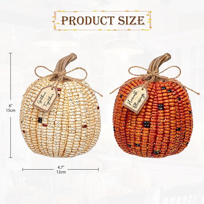 Briful Pumpkins Fall Decoration, 2PCS Decorative Corn Cob Pumpkins Resin Fake Pumpkins Autumn Home Rustic Decor for Thanksgiving Harvest Halloween Table Centerpiece Shelf Indoor Outdoor Porch Decor