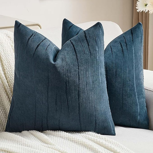 FUTEI Navy Blue Chenille Decorative Throw Pillow Covers 24x24 Inch Set of 2,Soft Embossed Striped Textured European Cushion Case,Modern Home Decor for Couch Bed Living Room