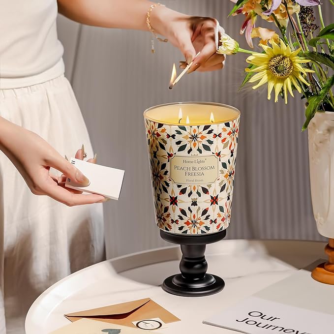 HomeLights 3-Wick Candles for Home Scented - 34oz Soy Wax Blend Candle Long-Lasting Fragrance, Bohemian Natural Textures Home Decor and Housewarming Gifts, Peach Blossom Freesia