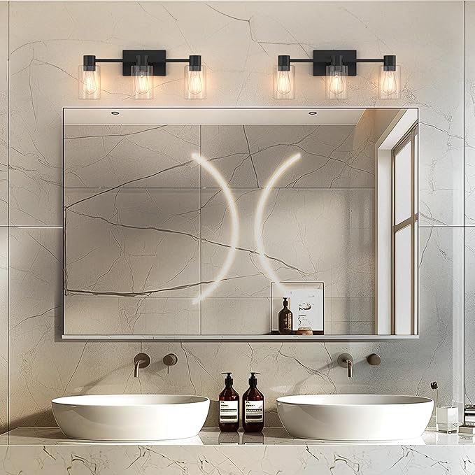 3-Light Matte Black Wall Sconces for Bathroom, Modern Vanity Light Fixtures Over Mirror, Bathroom Light Fixtures with Clear Glass Shade, E26 Wall Sconces for Living Room, Hallway