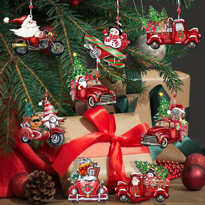 Wooden Christmas Truck Ornaments Red Truck Wooden Hanging Ornaments Wooden Car Crafts with Bead Farmhouse Hanging Decor for Xmas Tree Decoration Holiday Parties Craft Supplies 24 Pieces