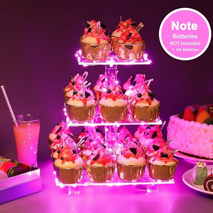YestBuy 3 Tier Square Cupcake Stand - Premium Cupcake Holder - Acrylic Cupcake Tower Display - 3 Tier Acrylic Display for Pastry + LED Light String - Ideal for Weddings, Birthday Parties(Pink Light)