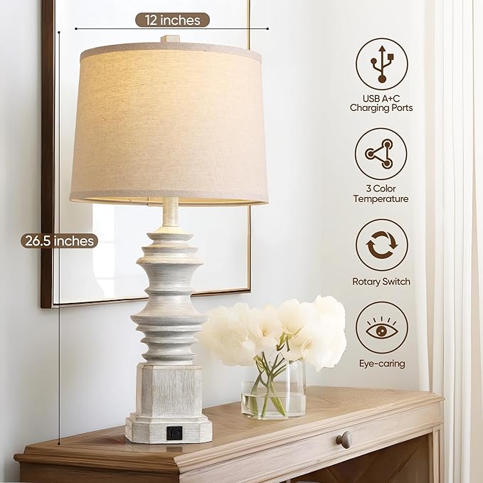 QiMH Table Lamps for Nightstand Set of 2, Bedside Lamp with USB A+C Charging Ports, Farmhouse Table Lamp with Linen Lampshade, Lamps for Living Room, Bedroom Lamps with LED Bulbs, Grey
