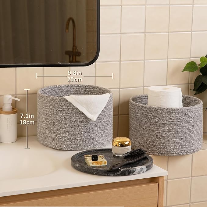 OIAHOMY Small Storage Baskets for Organizing,Closet Cube Shelf Storage, 9.8”×9.8”×7.1”, Woven Cotton Rope Gift Baskets for Nursery,Cute Dog Toy bins, Round 3 Packs, Grey