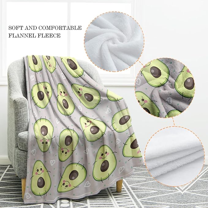 Jekeno Avocado Fruit Blanket Cute Jumping Avocado Print Gifts for Women Kids Girls Home Bedroom Living Room Decor Soft Cozy Lightweight Throw Blankets 60"x80"