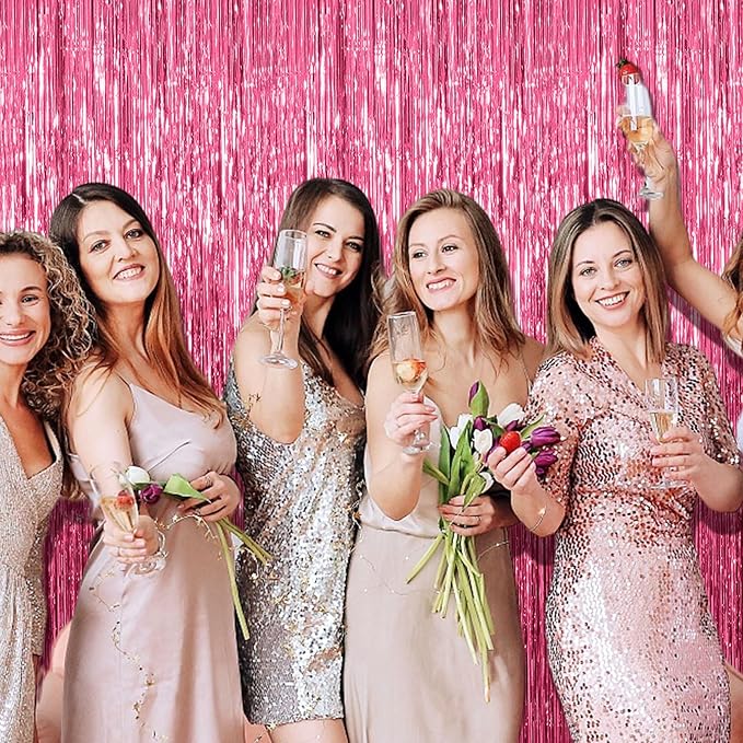 5 Pack Foil Curtain Backdrop Pink Metallic Tinsel Foil Fringe Curtains Photo Booth Props for Birthday Wedding Engagement Baby Shower Bachelorette Christmas Holiday Celebration Party Decorations