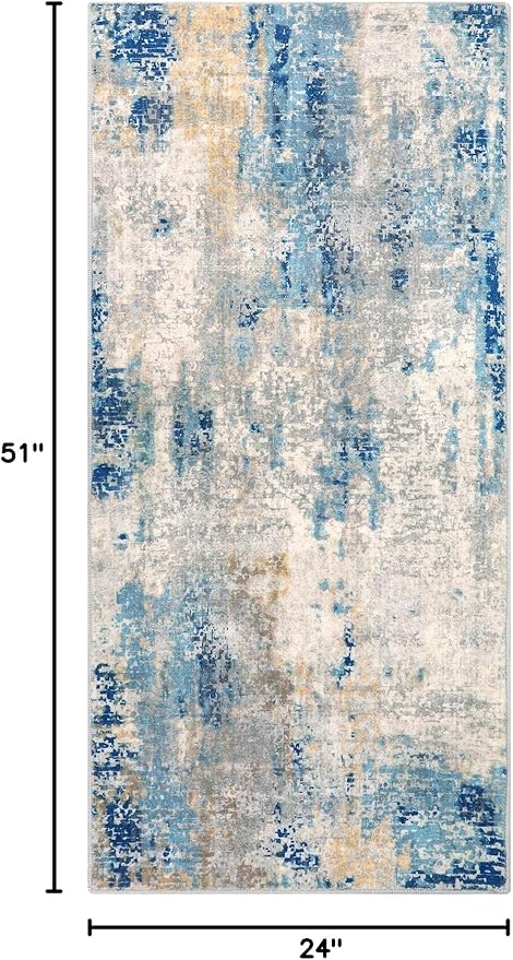 Lahome Modern Abstract Laundry Rug Runner, 2x4.3 Washable Throw Carpet Runner for Entryway, Soft Non-Slip Indoor Mat Runner Rug for Kitchen Master Bedroom Living Room Seat Door, Blue/Yellow/Ivory