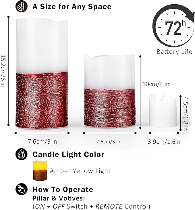 FURORA LIGHTING Red Real Wax Trim Candles with Remote and Timer, Pack of 8 Pillar & Votive Candles, LED Flameless Flickering Candles for Home Décor, Battery Included
