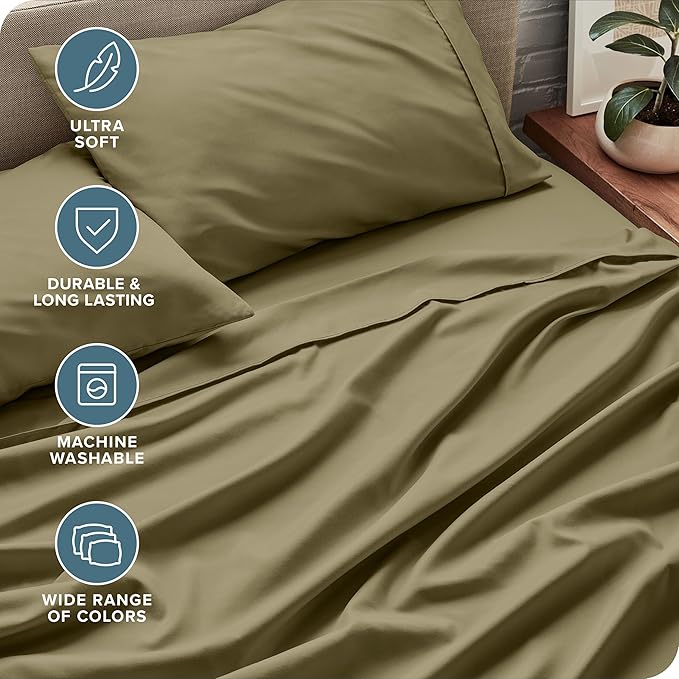 Bare Home Ultra-Soft Twin XL Sheet Set - Luxury 1800 - Hydro-Brushed - Deep Pockets - Easy Fit - 3 Piece Set - Bed-ding Sheets & Pillowcases (Twin XL, Olive)