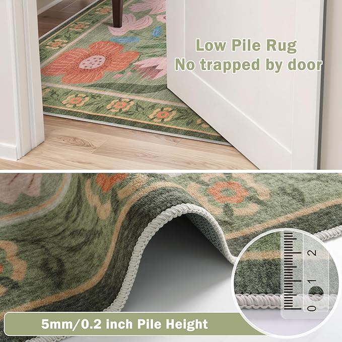 Beeiva 8x10 Washable Rug, Soft Floral Green Rugs for Living Room Indoor, Large Soft Low Pile Flower Carpet for Playroom Kids Dining Room Clasroom Dorm Décor (Green,8'x10')