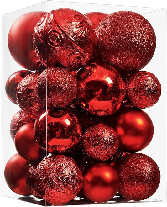Wironlst Christmas Ball Ornaments - 30pcs Shatterproof Plastic Christmas Ornaments Hanging Ball Decorations for Xmas Tree, Holiday, Wedding, Party (Multi-Size, Red)