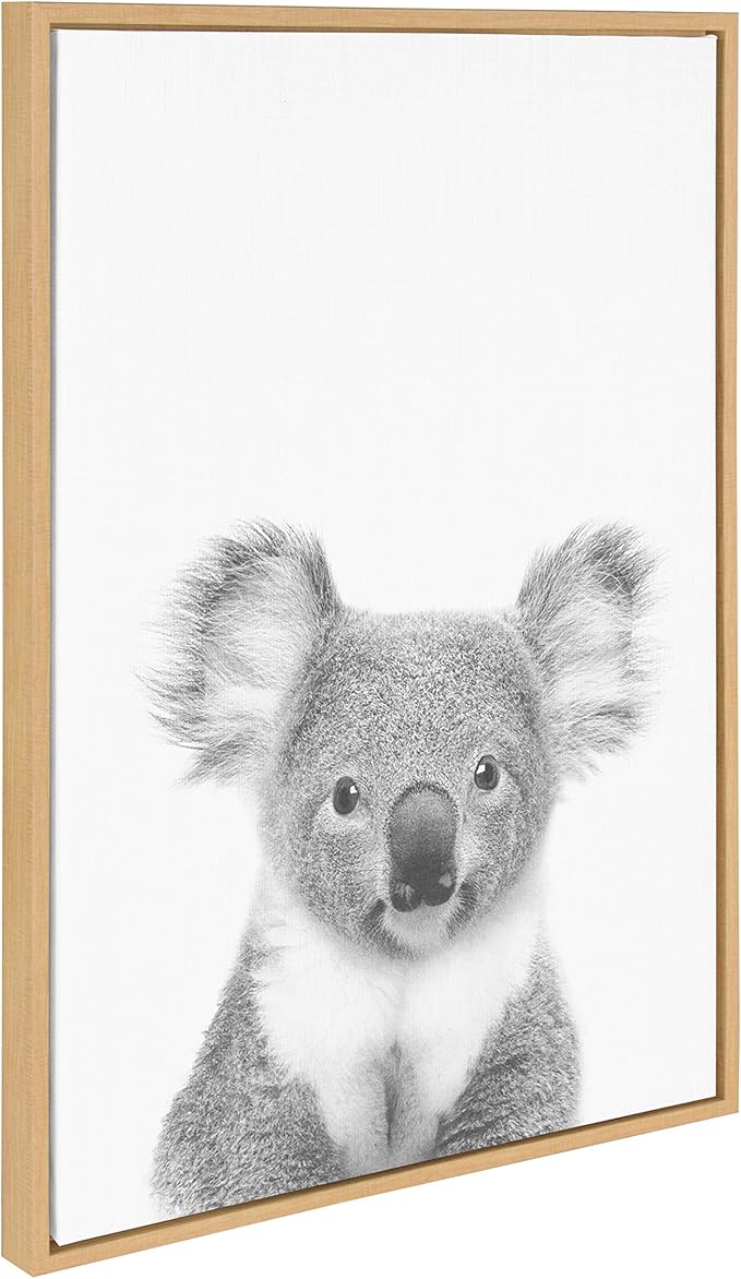Kate and Laurel Sylvie Koala Black and White Animal Portrait Framed Canvas Wall Art, 23x33 Natural