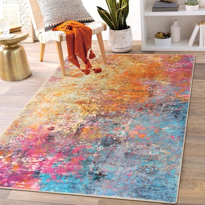 Lahome Modern Abstract Area Rug - 3x5 Washable Kitchen Rugs Colorful Bedroom Rug Non Slip Entryway Rugs, Rainbow Contemporary Indoor Floor Accent Carpet for Kitchen Sink Living Bathroom Doorway