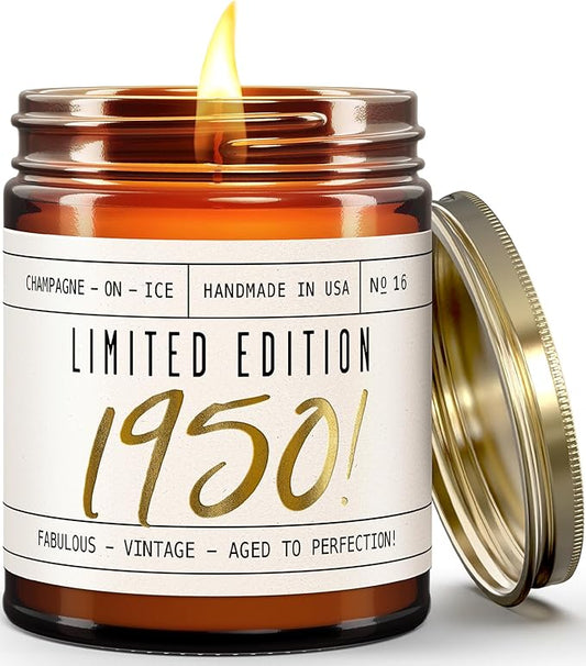 75th Birthday Gifts for Girls - 'Limited Edition 1950' Soy Candle, w/Champagne on Ice I 75 Birthday Gifts for Women I 75th Gift for Her Ideas I 9oz Reusable Jar, 50Hr Burn, Made in USA
