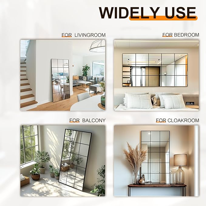 Delma Full Length Mirror, 28"x 55" Window Pane Decorative Mirror for Wall, Black Metal Framed Wall Decor, Wall Mounted, Hanging or Leaning for Bedroom, Living Room, Entryway