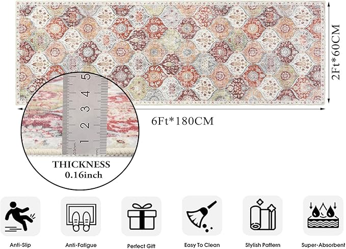 Lahome Moroccan Trellis Hallway Runner Rug, 2x6 Kitchen Runner Rugs Non Skid Washable, Vintage Laundry Room Rug Ultra-Thin Long Carpet for Bathroom Bedroom Entryway, Orange/Terracotta