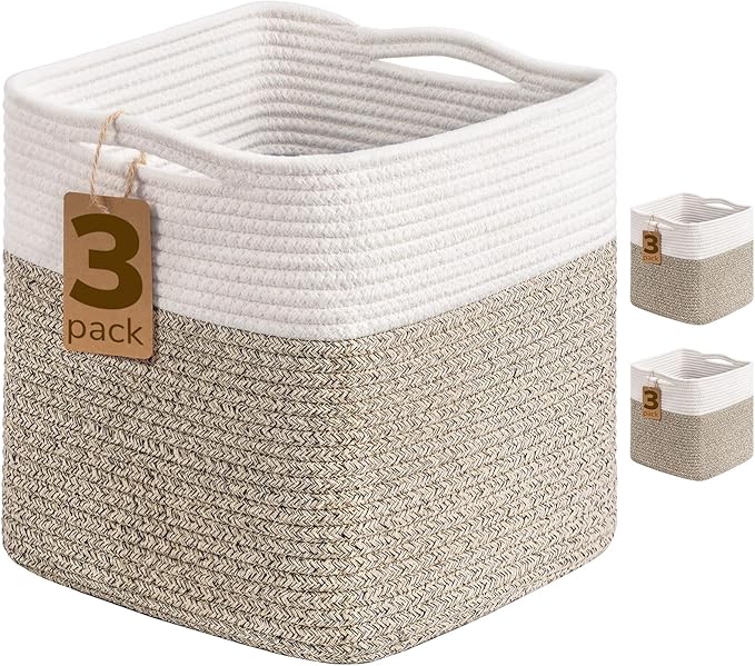 INDRESSME 11x11 Cube Storage Bins, 3-Pack Rope Woven Baskets for Organizing Storage Baskets for Shelves Gift Organization Empty Square Toy Bins for Classroom, Nursery Closet, White & Brown