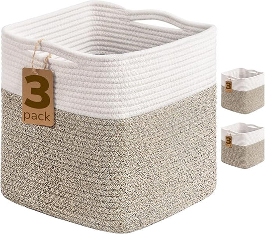INDRESSME 11x11 Cube Storage Bins, 3-Pack Rope Woven Baskets for Organizing Storage Baskets for Shelves Gift Organization Empty Square Toy Bins for Classroom, Nursery Closet, White & Brown