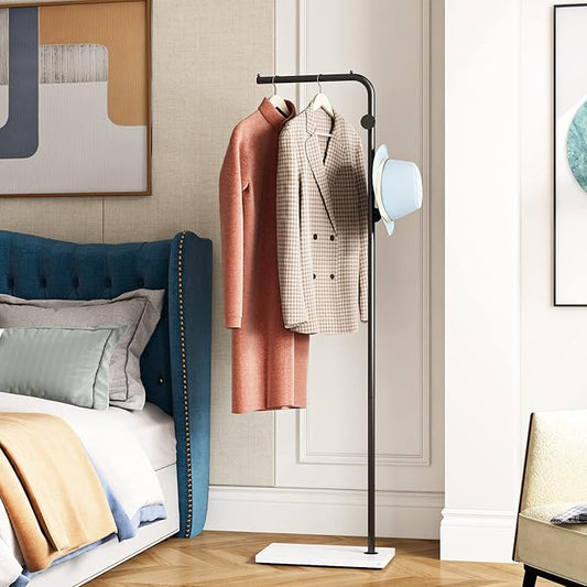 Black Coat Racks with White Base, Entryway Coats Racks Freestanding with 3 Hooks, L Shape Home Coat Hanger for Jackets, Coats, Hats, Clothes