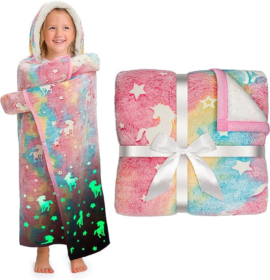 Unicorn Glow in The Dark Wearable Blanket for Girls- Soft Warm 52"X60" Sherpa Fleece Unicorn Gifts for Girls Age 8-10, 6-8, 4-6, Hooded Throw Blanket Gift for Kids