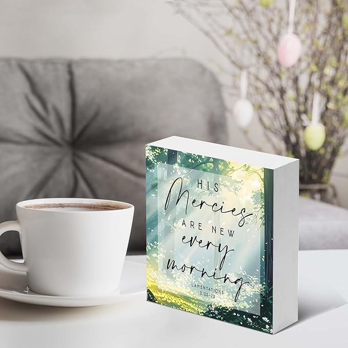 Christian Gifts, ‘His Mercies Are New Every Morning’ Wooden Box Sign Decor, Thanksgiving, Christmas Gifts, Christian Decorations, Christian Home Décor Gifts for Family, Friends, etc.(061)