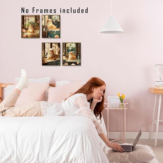 FITIE Funny Orange Cat Bathroom Wall Art Prints Set of 4, Vintage Floral Funny Orange Cat in Bathtub Wall Art Posters for Bathroom Washroom Restroom Decor, 8x10 Unframed