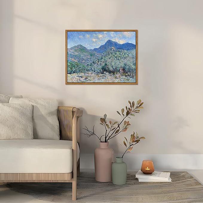 Vintage Framed Monet Wall Art – Impressionist Blue Green Forest Oil Painting Canvas Prints – Tranquil Nature Hillside Landscape Aesthetic Wall Decor for Living Room Bedroom Bathroom – 12"x16"