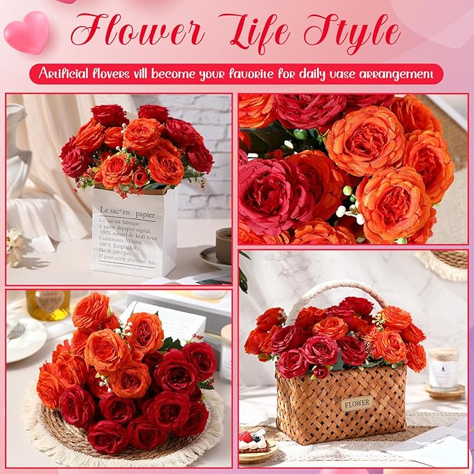 Geosar 16 Bundles Artificial Peonies Flowers Fake Silk Peony Bouquet Faux Peonies Flowers Bulk for Decoration Vase Florals Arrangements Wedding Party Table (Orange,Dark Red)