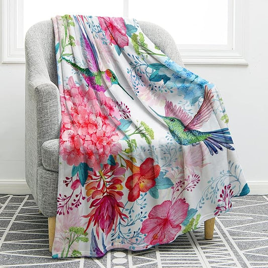 Jekeno Hummingbird Floral Blanket Bird Colorful Flowers Print Gifts for Women Kids Girls Mom Bedroom Living Room Birthday Mother's Day Decor Soft Cozy Plush Throw Blanket 50"x60"
