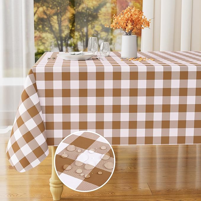 misaya Rectangle Waterproof Vinyl Table Cloth, Buffalo Flannel Backed Tablecloth, Wipeable Plastic Table Cover for Fall, Thanksgiving (52" x 70", Brown and White)