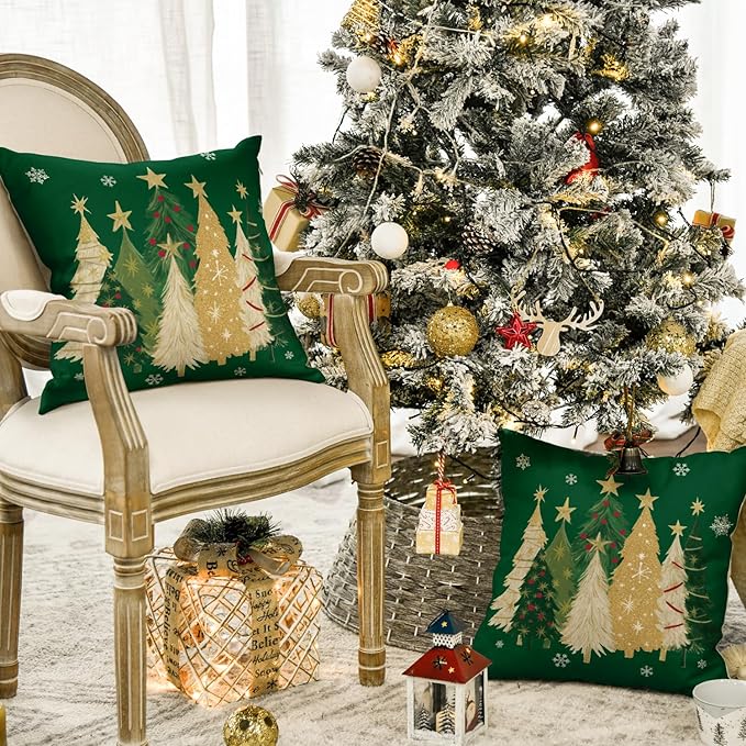 AVOIN colorlife Christmas Trees Star Green Throw Pillow Covers Set of 2, 18 x 18 Inch Snowflake Seasonal Winter Holiday Cushion Case Decoration for Sofa Couch