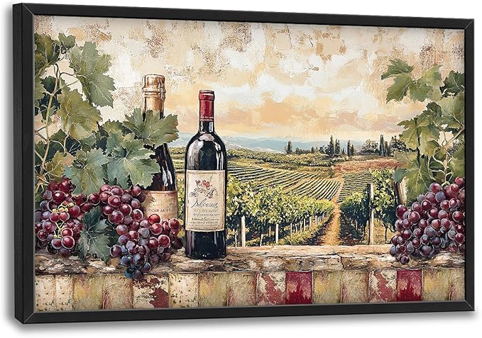 Large Wine Framed Wall Art for Living Room, Large Kitchen Canvas Wall Decor, Vintage Grapes Canvas Pictures Painting, Modern Artwork for Kitchen Bedroom Office 36L'' × 24W''