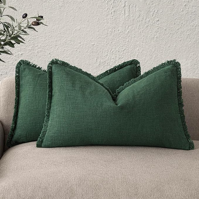 Foindtower Set of 2 Decorative Linen Fringe Lumbar Throw Pillow Covers Boho Farmhouse Cushion Cover with Tassels Soft Accent Pillowcase for Couch Sofa Bed Living Room Home Decor,12×20 Inch,Pine Green